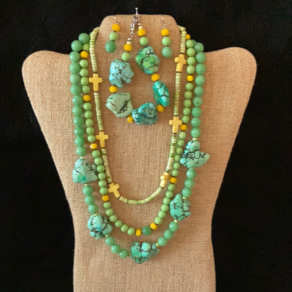 Turquoise tri-strand with crosses